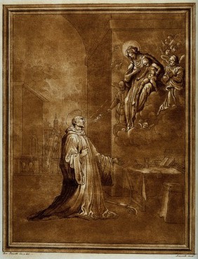 Saint Bernard of Clairvaux kneeling before the Virgin and Christ Child. Colour etching by A. Scacciati, 1766, after G.B. Poccetti.