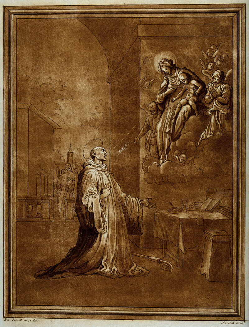 Saint Bernard of Clairvaux kneeling before the Virgin and Christ Child. Colour etching by A. Scacciati, 1766, after G.B. Poccetti., [1766], by Bernardino Poccetti