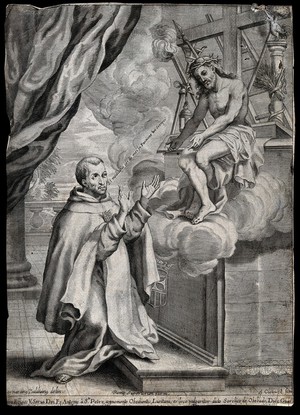 view Fr. Antonius à Sancto Petro praying before a vision of Christ's passion. Engraving by A. Clouwet after B. Baldovini.