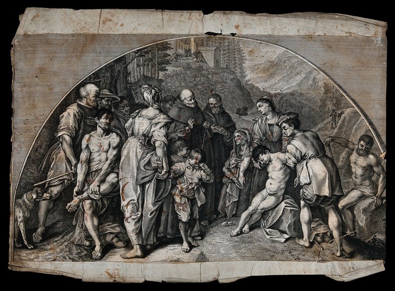 Saint Amadio degli Amidei and the miracle of the resuscitation of the drowned boy. Engraving after B. Poccetti., by Bernardino Poccetti