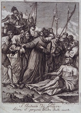 Saint Antony of Padua. Etching by V. Marabini.