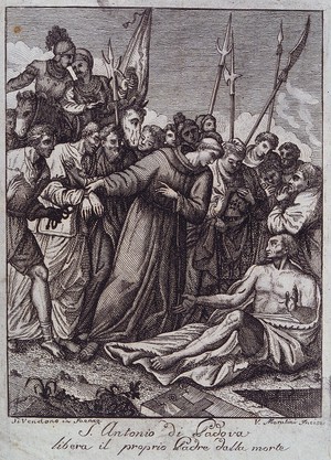 view Saint Antony of Padua. Etching by V. Marabini.