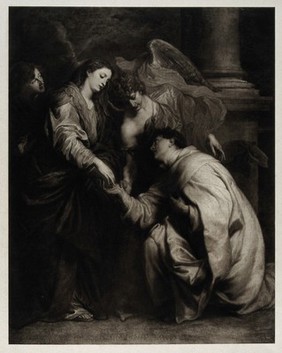 Saint Hermann Joseph kneeling before the Virgin. Photogravure after Sir A. van Dyck, 1630.