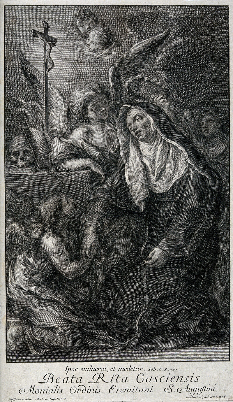 Saint Rita da Cascia. Line engraving by J. Frey, 1736, after Giacinto Brandi., 1736, by Giacinto Brandi