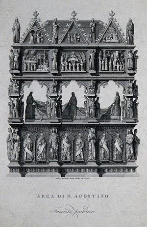 view Saint Augustine of Hippo: his tomb. Line engraving by C. and G. Ferreri, 18--.