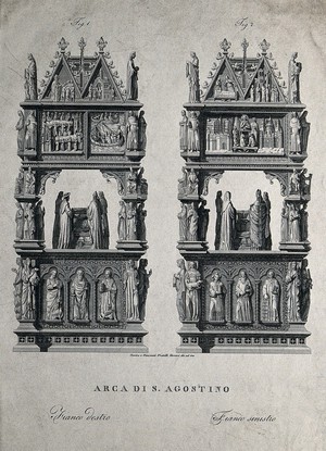 view Saint Augustine of Hippo: his tomb. Line engraving by C. and G. Ferreri, 18--.