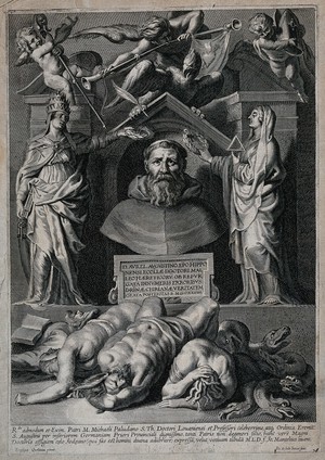 view Saint Augustine of Hippo. Line engraving by P. de Jode the younger after E. Quellinus after J. Mantelius.