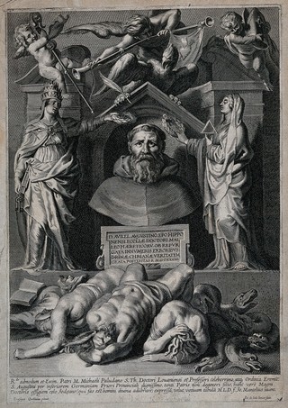 Saint Augustine of Hippo. Line engraving by P. de Jode the younger after E. Quellinus after J. Mantelius.