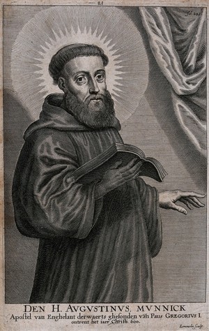view Saint Augustine of Canterbury. Line engraving by A. Lommelin, 16--.