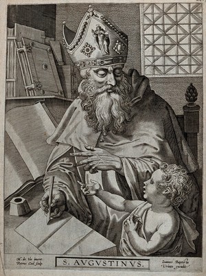 view Saint Augustine of Hippo. Line engraving by P. Cool after M. de Vos.