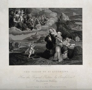 view Saint Augustine of Hippo: a child compares its attempt to empty the sea with a spoon with Saint Augustine's attempts understand the Holy Trinity. Line engraving by J. Rolls after Benvenuto Tisi, il Garofalo.