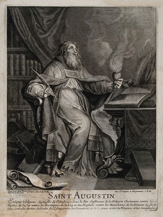 Saint Augustine of Hippo. Line engraving by M. Dossier after A. Dieu.