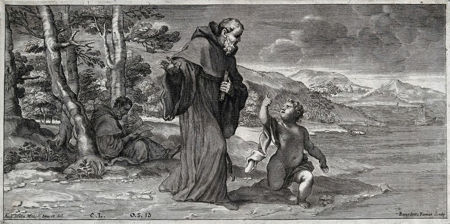 Saint Augustine of Hippo: a child compares its attempt to empty the sea with a spoon with Saint Augustine's attempts understand the Holy Trinity. Engraving by B. Farjat after A. Scilla.