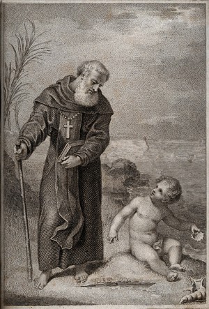 view Saint Augustine of Hippo: a child compares its attempt to empty the sea with a spoon with Saint Augustine's attempts understand the Holy Trinity. Stipple engraving.