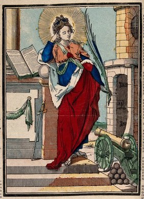 Saint Barbara. Coloured wood engraving.