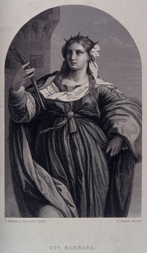 view Saint Barbara. Steel engraving by K. H. Merz after J. Palma.