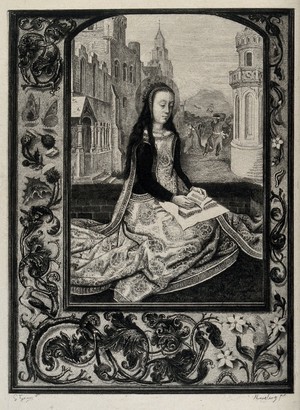 view Saint Barbara. Etching by G.M. Greux after H. Memling (?).