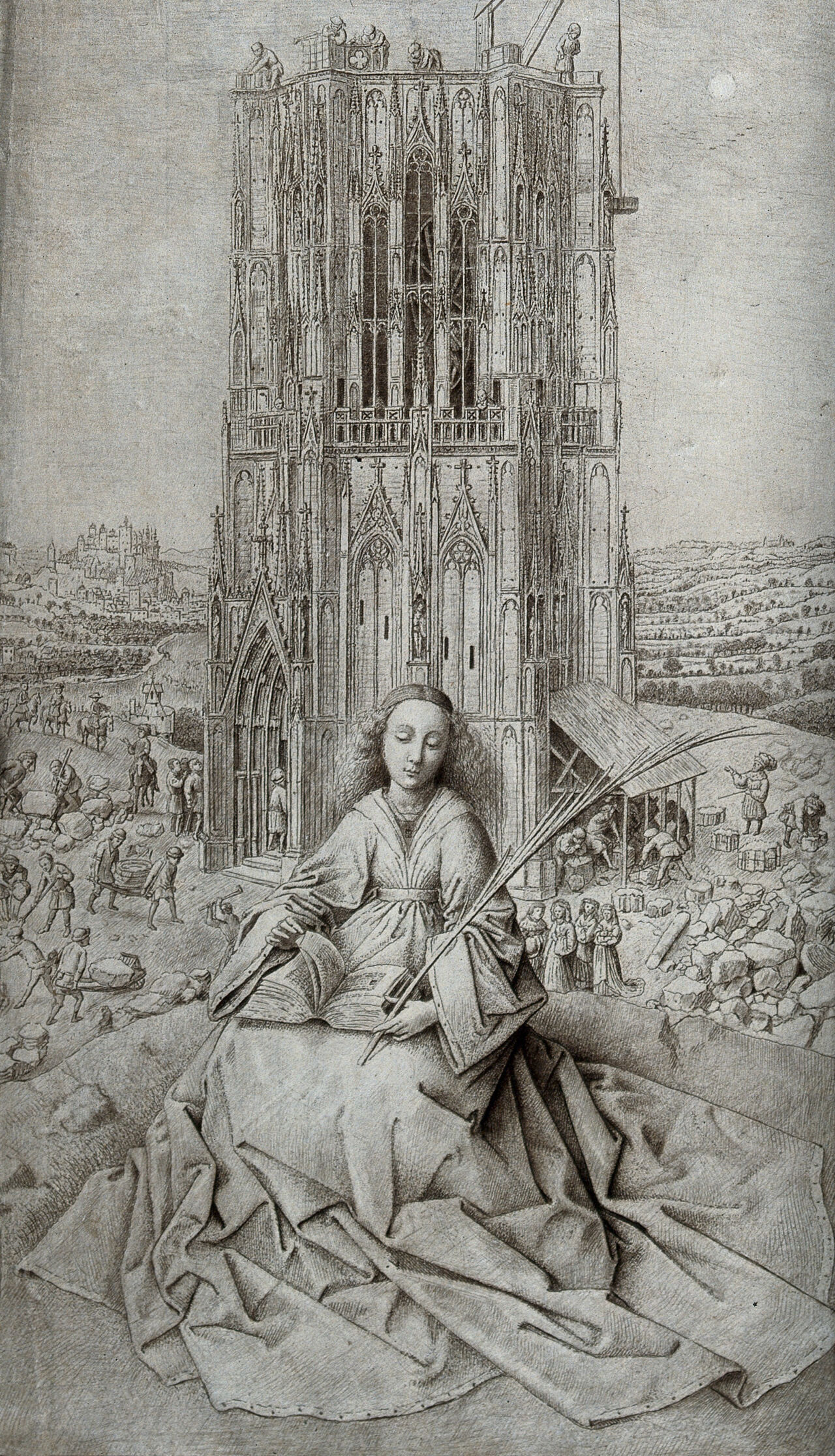 Saint Barbara. Engraving by C. van Noorde, 1769, after Jan van Eyck., 1769, by Jan van Eyck