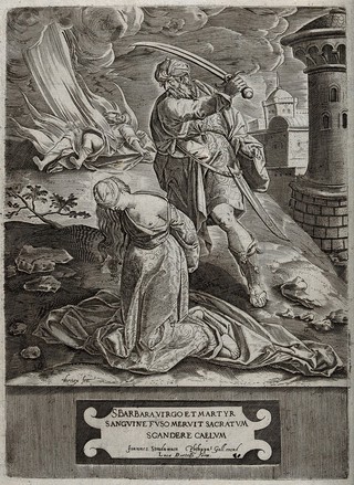 The martyrdom of Saint Barbara. Engraving by Wierix after Jan van der Straet (Stradanus), 15--.