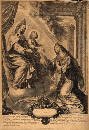 view Saint Barbara: she holds a burning heart before the Christ Child held by the Virgin. Engraving by G. Huret.