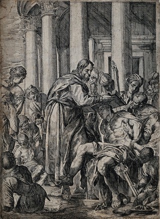 Saint Barnabas: he cures a sick man by holding the gospel of Saint Matthew over the man's head. Etching by P. Brebiette after P. Caliari, il Veronese.