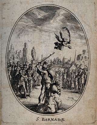 Saint Barnabas: his martyrdom. Etching.