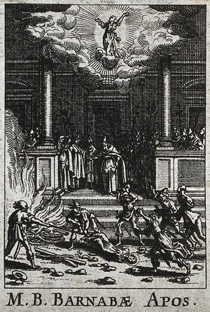 view Saint Barnabas: his martyrdom. Etching after J. Callot.