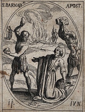 view Saint Barnabas: his martyrdom by stoning. Etching by J. Callot.