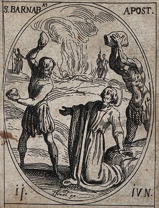 Saint Barnabas: his martyrdom by stoning. Etching by J. Callot.