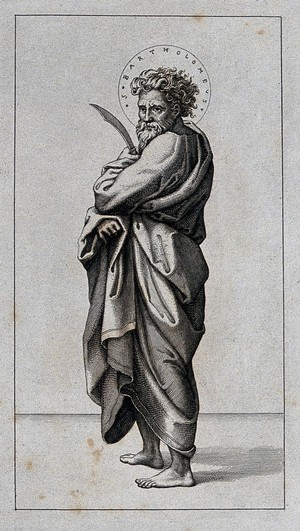 view Saint Bartholomew. Line engraving after M.A. Raimondi after Raphael.