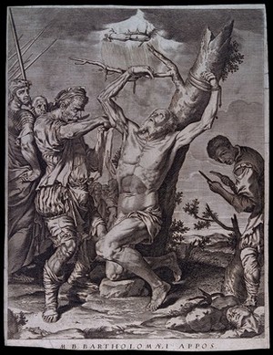 view Martyrdom of Saint Bartholomew. Engraving after J. Ribera.