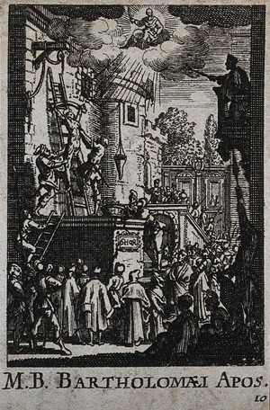 view Martyrdom of Saint Bartholomew. Engraving.