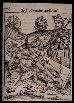 view Martyrdom of Saint Bartholomew. Woodcut.