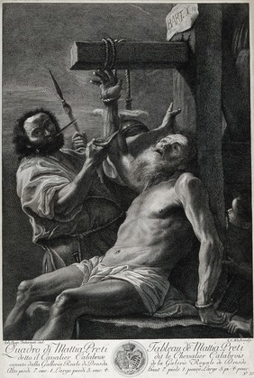 The martyrdom of Saint Bartholomew. Line engraving by C.L. Wüst, 175-, after G.B. Internari after M. Preti.