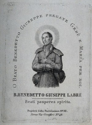 view Saint Benedict Joseph Labre. Line engraving.