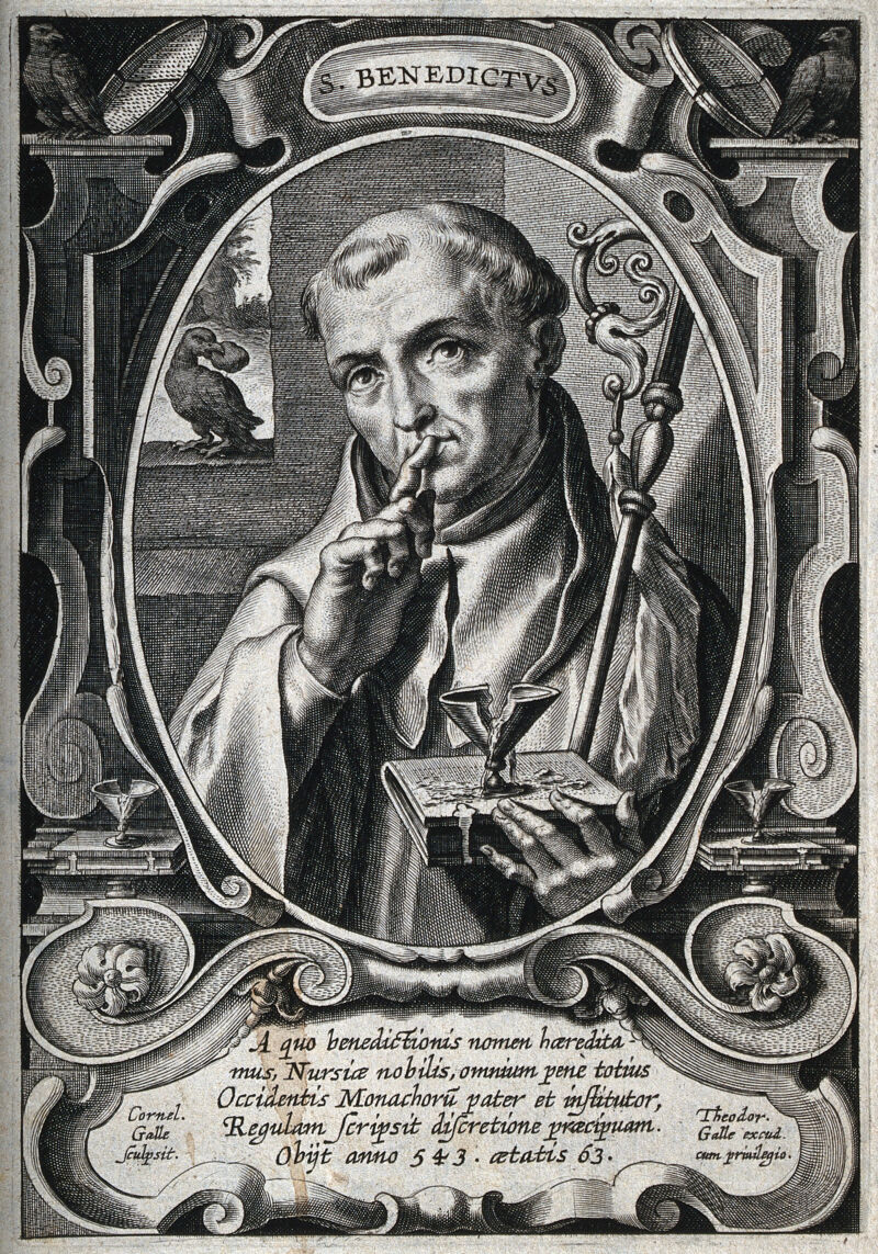 Saint Benedict. Line engraving by C. Galle., by Cornelis Galle the Elder