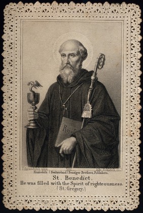 Saint Benedict. Steel engraving. By A. Schleich after J. Schraudolph.