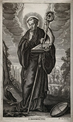 Saint Benedict: while he lives as a hermit in a cave near Subiaco, a raven protects him from poisoned bread. Engraving by T. van Merlen.