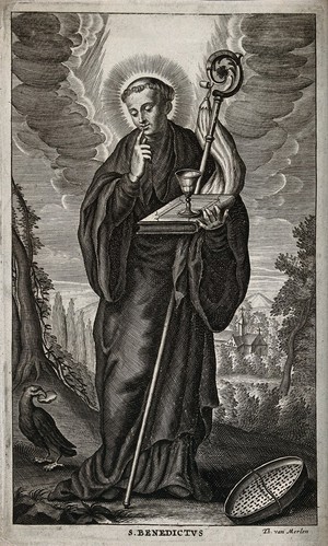 view Saint Benedict: while he lives as a hermit in a cave near Subiaco, a raven protects him from poisoned bread. Engraving by T. van Merlen.