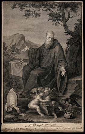 Saint Benedict of Nursia: while he lives as a hermit in a cave near Subiaco, a raven protects him from poisoned bread (represented by a snake emerging from a loaf). Engraving by J. Frey after G. Anziani after Carlo Cignani.