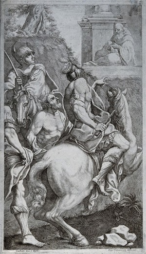 view Saint Benedict of Nursia: after he has assured the monks of his monastery that God would not let them starve, several sacks of corn appear, which porters carry  into the monastery. Line engraving by G. Giovannini after L. Massari.