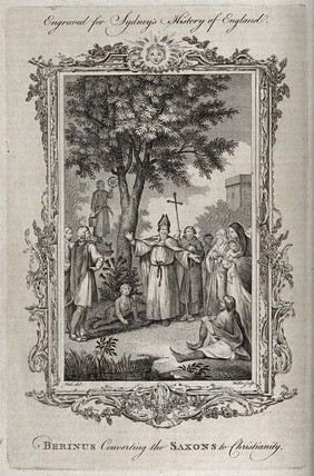 Saint Birinus converting the Saxons of Wessex to Christianity. Engraving by W. Walker, 1773, after S. Wale.