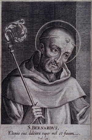 view Saint Bernard of Clairvaux. Line engraving by D. Custos, 1597.