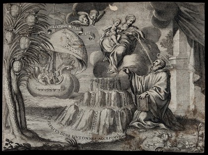 Saint Bernard of Clairvaux: he kneels before a vision of the Virgin and Christ Child. Engraving.