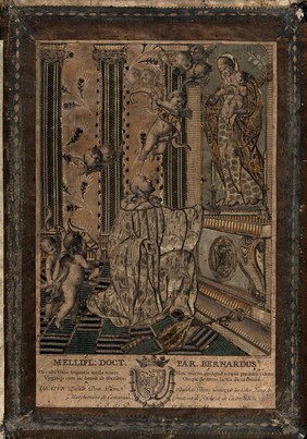 Saint Bernard of Clairvaux: he kneels before a vision of the Virgin and Christ Child. Line engraving by M. Brandi, 1788, after J. Camaron.