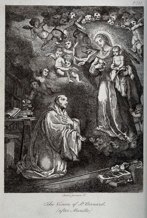 view Saint Bernard of Clairvaux: he kneels before the Virgin and Christ Child. Etching by A. Jameson after B.E. Murillo.