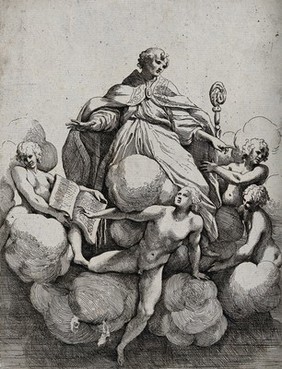 Saint Hilary of Poitiers. Etching by S. Badalocchio after A. Allegri, il Correggio.