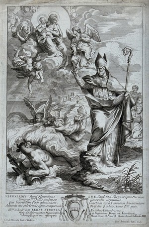 view Saint Bernard of Uberti stopping the flooding of the Po. Engraving by A. de Petri, ca. 1701, after C. Maratta.