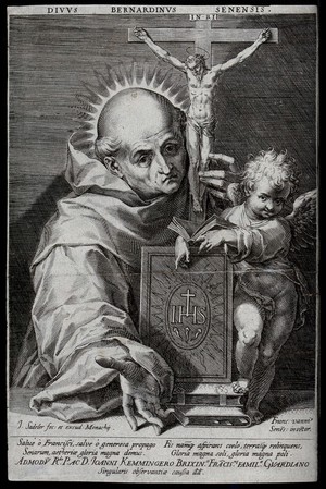 view Saint Bernardino of Siena. Line engraving by J. Sadeler after F. Vanni.