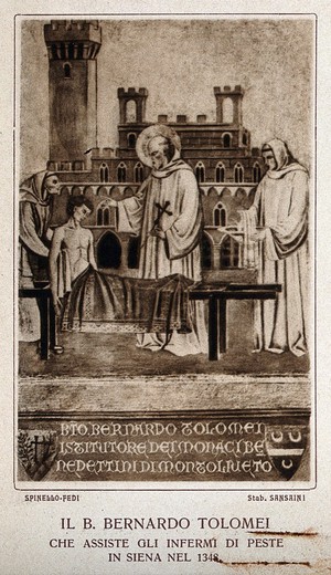 view Siena in the Black Death: Saint Bernardus Ptolomeus comforting sick people. Process print by Stab. Sansaini.